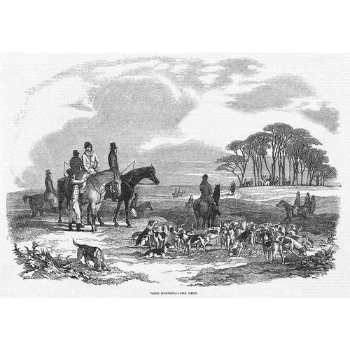 HARE HUNTING The Meet, Huntsmen and Hounds - Antique Print 1851