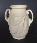 1940s McCoy Art Pottery White Urn Vase Embossed Leaf Mid-Century Modern