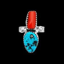 Navajo Ring, Morenci Turquoise Ring, Red Coral Ring, Size 7.5 ring