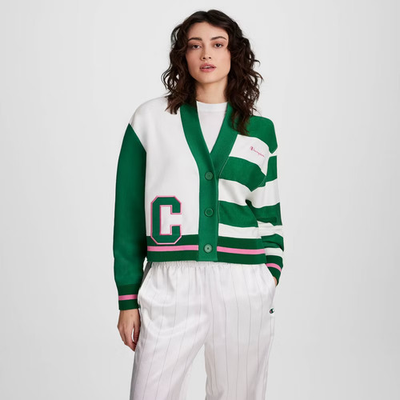 #ad Champion Women Collegiate Cardigan White Green Striped L $24.99