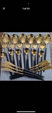 Black & Gold Flatware Set 24 pcs for 6 Stainless Steel Silverware Kitchen Cut...