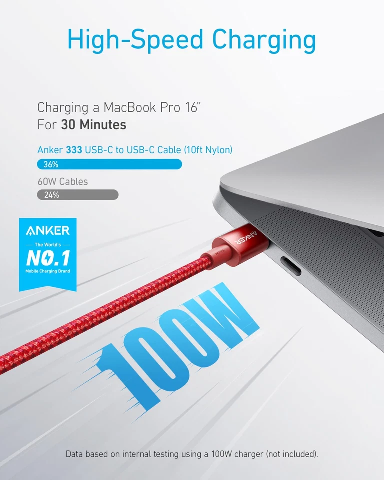 Anker USB C to C Cable, Type-C Charging Cord Fast 10FT, Red - Image 2 of 4