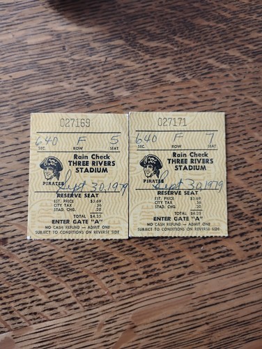 Pittsburgh Pirates 2 Ticket Stub Rain Check September 30, 1979 Three Rivers