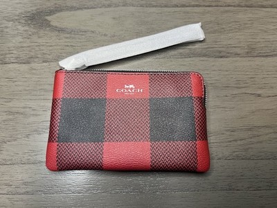 COACH SMALL CORNER ZIP WRISTLET WITH  Buffalo  Black Red Plaid PRINT C7307