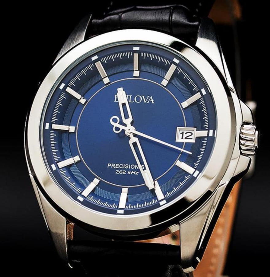 Bulova Precisionist Blue Dial Silver Tone Black Leather Band Men's