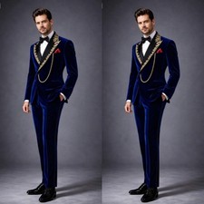 Royal Blue Velvet Men's Suits 2Pcs Peak Lapel Jacket Beaded Double Breasted Coat