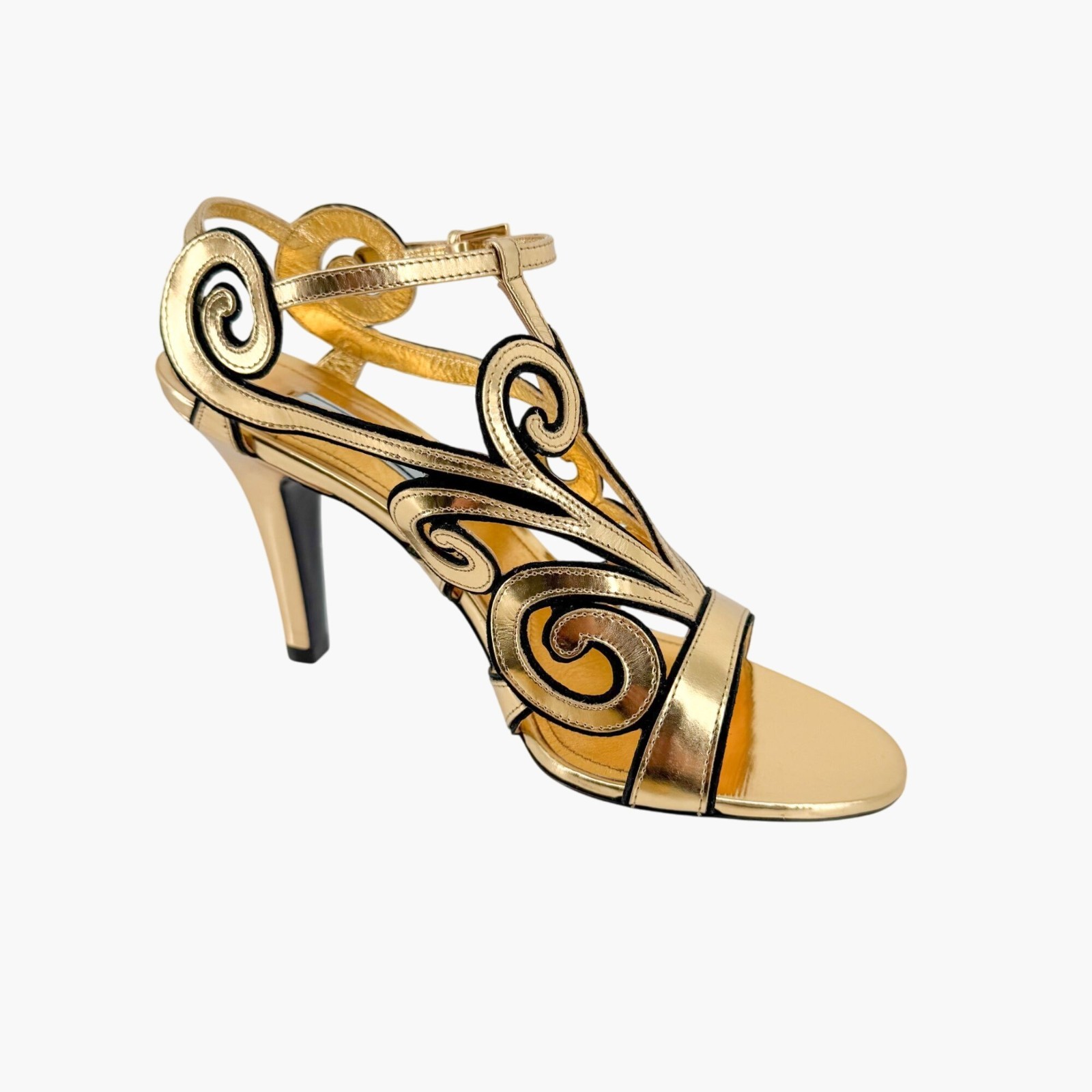 Prada Baroque Gold Caged Sandals Size 37.5 US 7.5 Cutout Metallic Leather Heels thumbnail 12