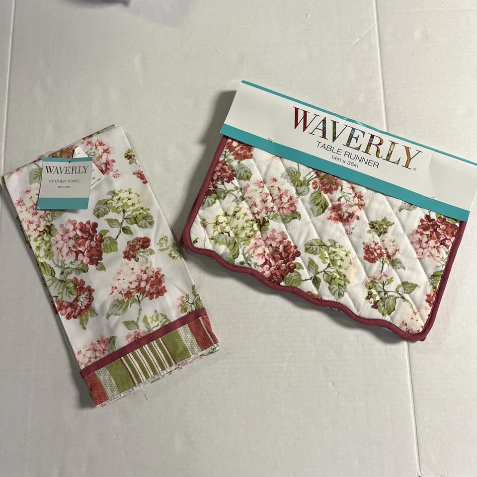 Waverly Quilted Table Runner Towel Set Pink Hydrangea Reversible Striped Country - Image 2 of 4