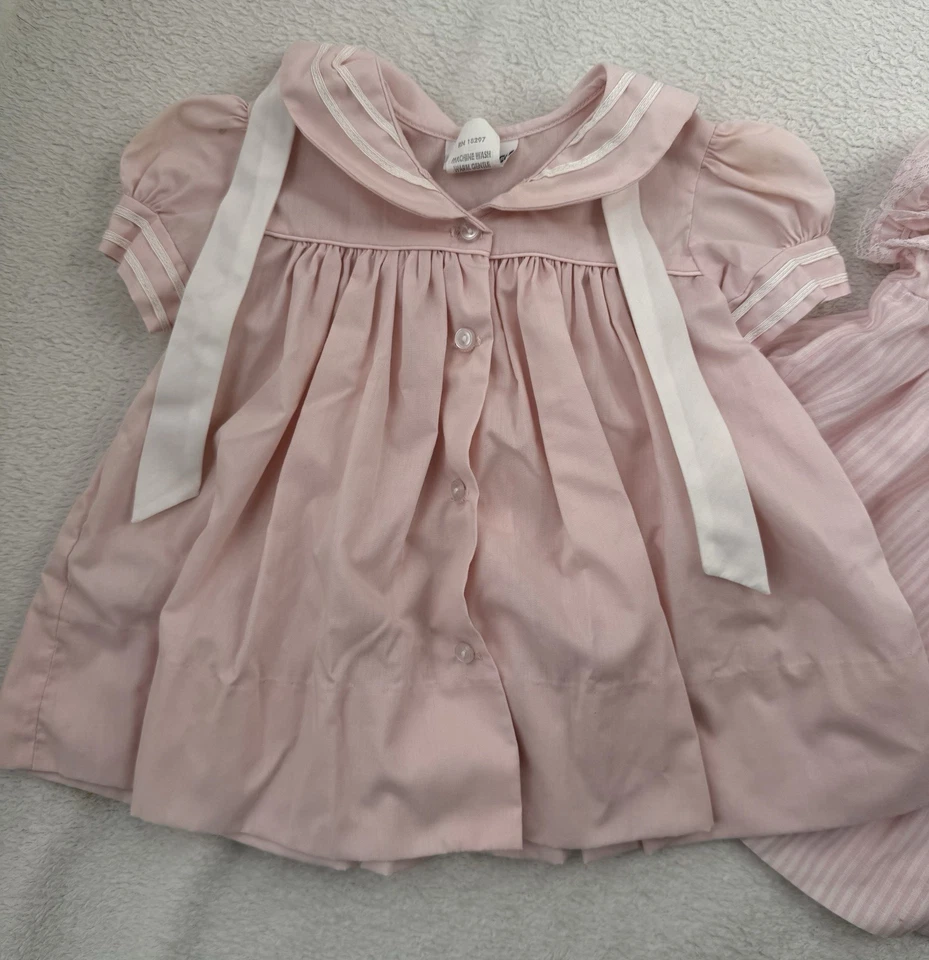 复古女宝宝连衣裙套装褶边缩褶尺寸 6-9 M 刺绣粉色春季 — 第 2/4 张图片