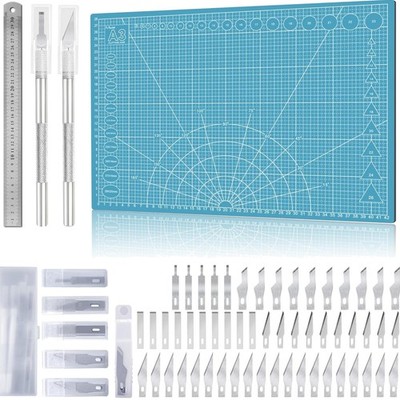 A3 Schneidematte Set, Craft Knife, 55 Klingen, Lineal, Self-Healing, Blau