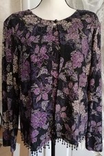 Purple Floral Gold Thread Fringe Hem Vest & Blouse Jacket Women L Made in USA