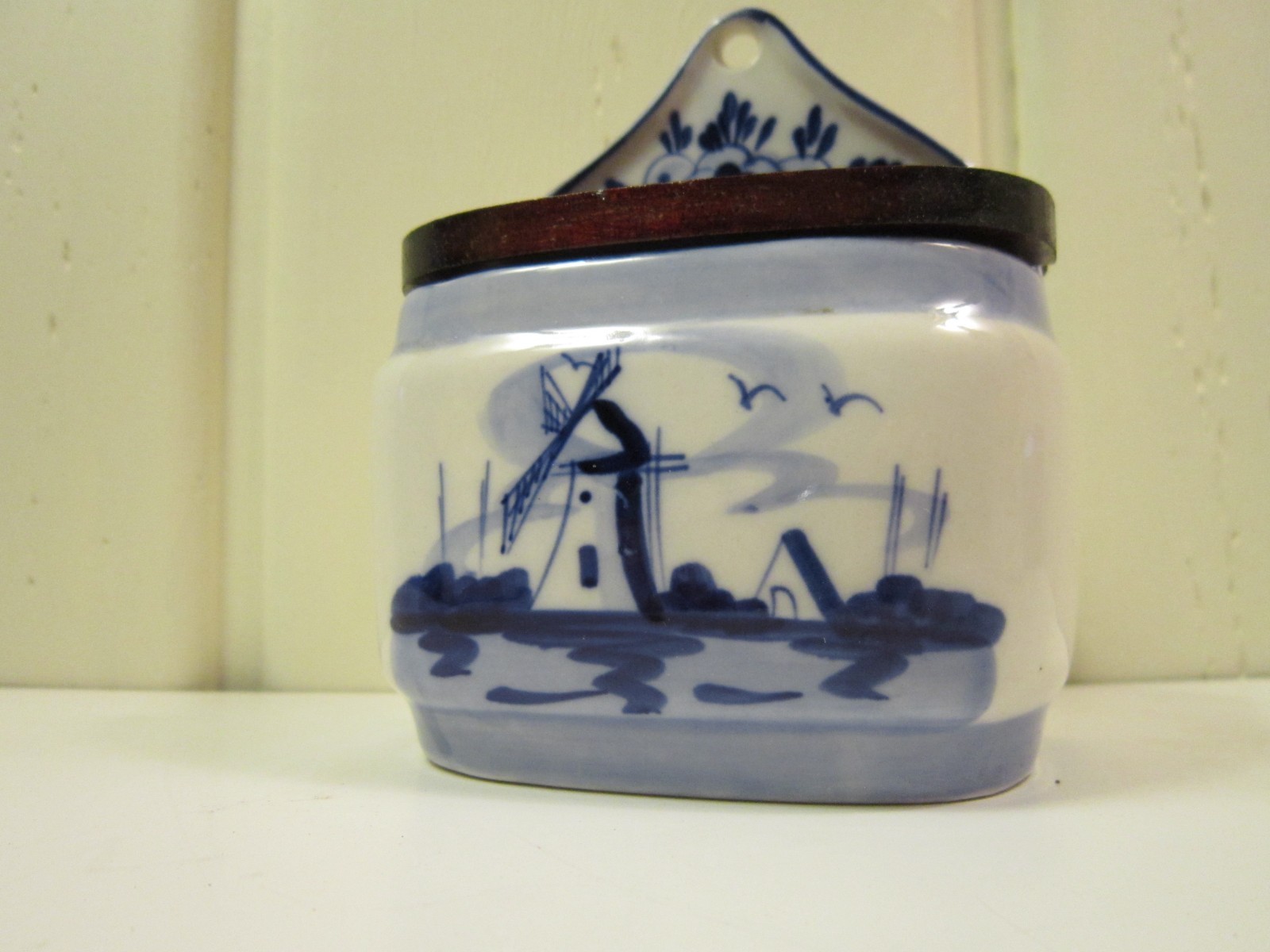 Salt Cellar, Royal Delft, Vintage, Used, Hand Painted, Wooden Lid, 4"x5"x3".