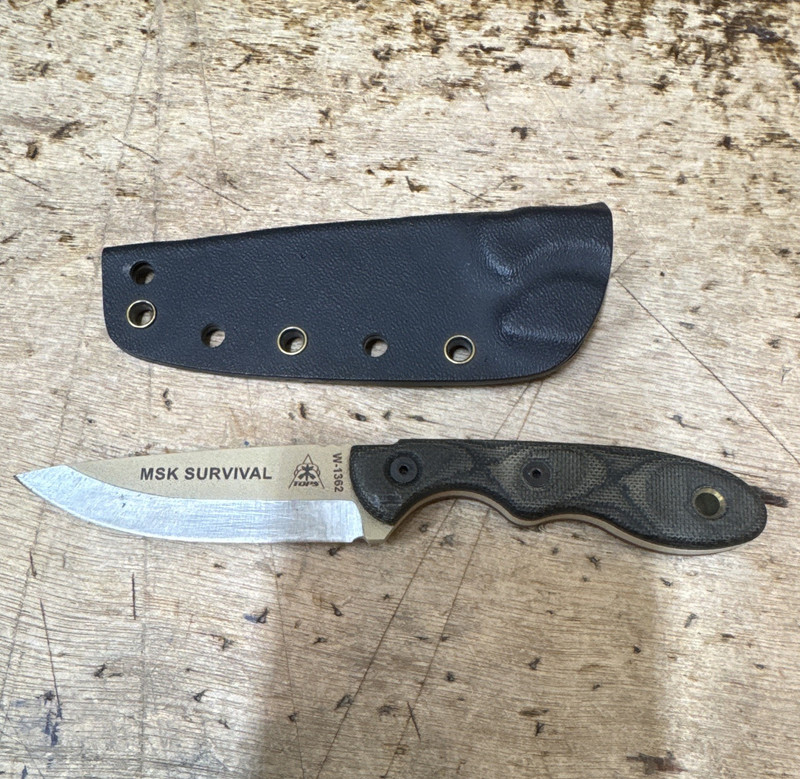TOPS MSK Survival Fixed Blade Knife, Micarta Full Tang w/ Sheath Made USA