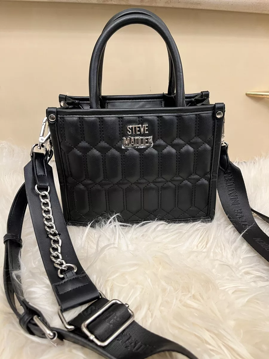 Steve Madden Black Quilted Leather Handbag With Chunky Gold 