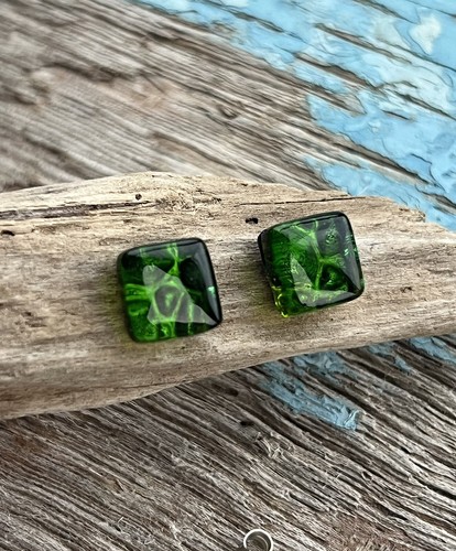 Dichroic Glass Square Studs Cornwall Seaweed Green - Picture 5 of 8