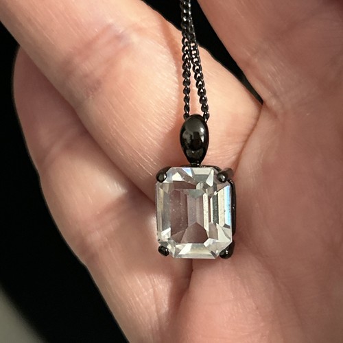 Gunmetal Emerald Cut Glass Solitaire Pendant 16-19” Black Chain - Picture 12 of 13
