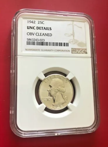 1942 US SILVER WASHINGTON QUARTER NGC UNC DETAILS OBV CLEANED
