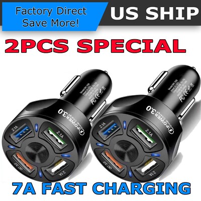 2 Pack 4 Port Car Charger Adapter Fast Charging Plug for Samsung Android iPhone