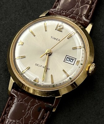 Vintage New 1967 TIMEX Date Mens 36mm Self Wind Watch Gold Case Brown Strap UK