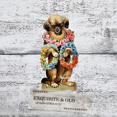 um 1900 Hund Blumen Blüten Vintage Victorian Glanzbild Prägedruck Luxuspapier