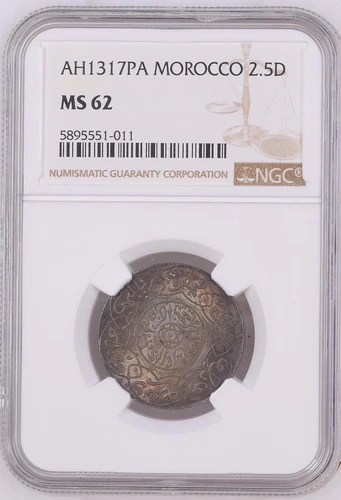 1317 (1899) PA Morocco Silver 2.5 Dirhams NGC MS62 Gorgeous Toning