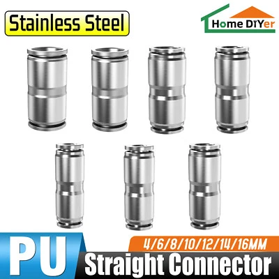 HOME DIYER Stainless Steel Pneumatic Push In Fitting Straight Connector For Air Water Pipe