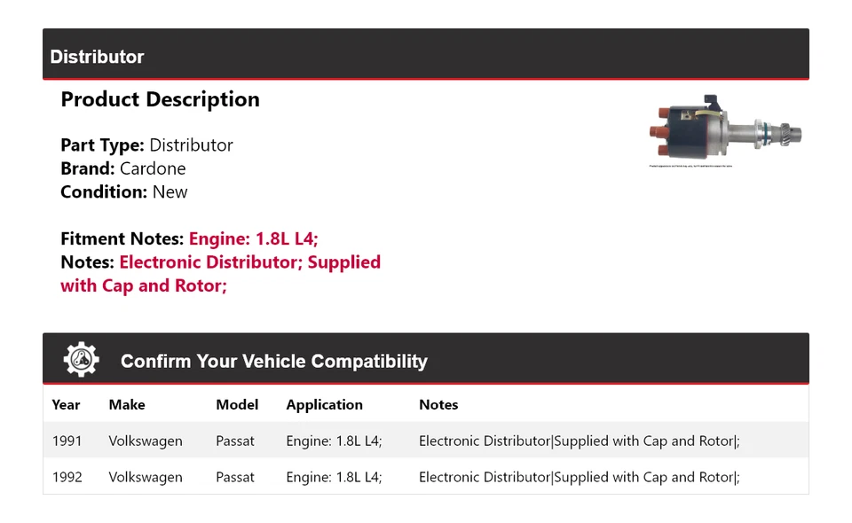 Volkswagen Passat 1991-1992 1,8 L L4 distribuidor cardone Foto 2 de 4