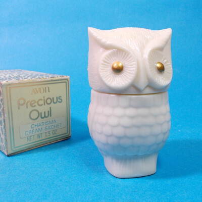 Vintage 1970s Avon PRECIOUS OWL Charisma Cream Sachet 1.5 oz Glass Jar & Box NOS