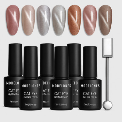 Modelones Cat Eye Gel Nail Polish Set   6 Colors Nude Pink Silver 9D Glassy Glit