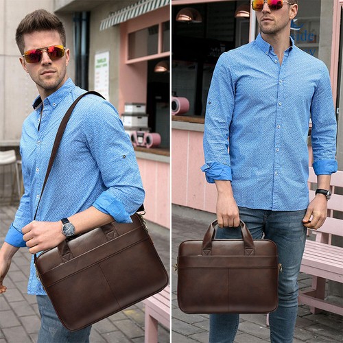 Vintage Men Laptop Briefcase Genuine Leather Business Travel Work Shoulder Bag - Picture 6 of 11