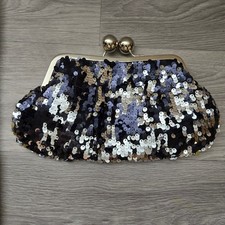 Black Sequin Black Blue Silver Clutch Bag Small Evening Formal Kiss Lock Glam