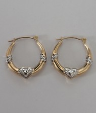 Vintage Delicate 14k Yellow Gold Round Hoop Earrings Two-Tone With Heart Detail