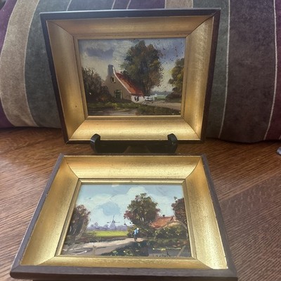 2 Original H. Wester Dutch Artist Landscapes Oil Painting on Masonite Board