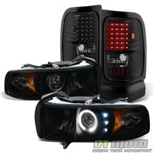 Black Smoke 1994-2001 Dodge Ram Halo Projector Headlights Led Tail Lamps Lights