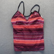 Nike Girls Swim Size 12 Tankini Top Strappy Back Pink Purple Stripes Bra