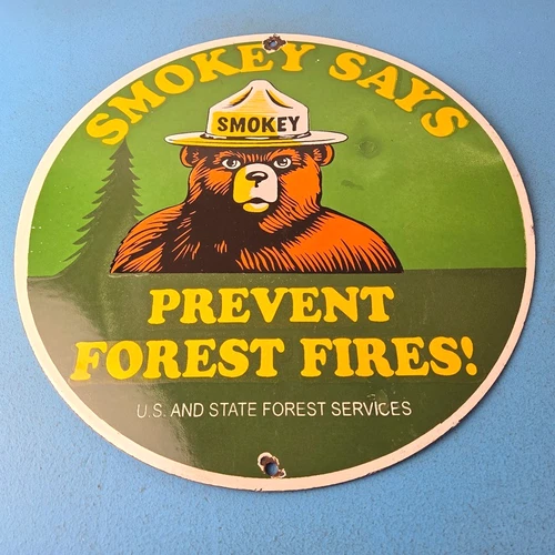 Vintage Smokey Bear Forest Fires Porcelain Sign - Gas Pump Forest Station Sign