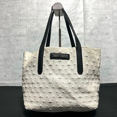 JIMMY CHOO SOFIA S Tote Bag White Star Embossed Leather Handbag Women's Purse