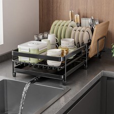 Extendable Dish Drainer Rack w/ Drip Tray Kitchen Draining Board Cutlery Holder