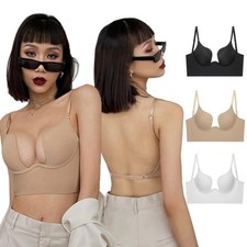 Womens Low Back Bra Wire Lifting Deep U Shaped Plunge Backless Push Up Bras A 