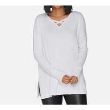 H by Halston Tunic Sweater Criss Cross Neckline Lightweight White‎ Size Medium