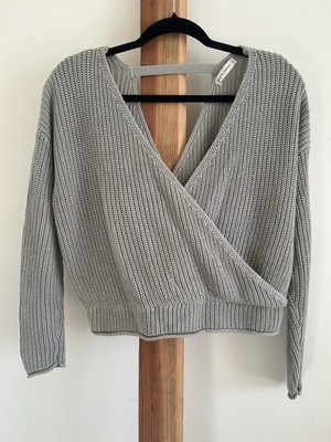 moon & madison Women's S Green Chunky-Knit Wrap Sweater V-Neck Long Sleeve Solid
