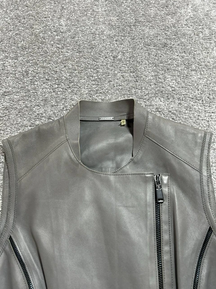 Colete de motociclista feminino Elie Tahari XS cinza couro de cordeiro elástico assimétrico zíper completo - Imagem 3 de 4