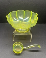 Fenton Uranium Vaseline Glass Candy Dish Melon Rib Footed W/ Mayonnaise Spoon