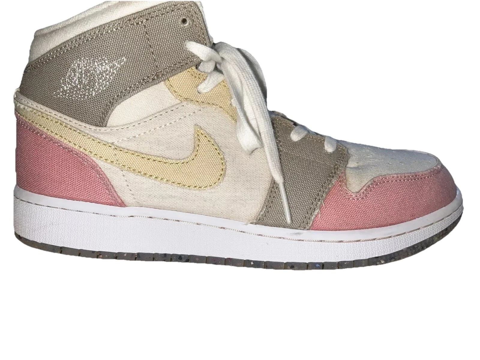 Nike Air Jordan 1 Mid Sneakers Rosa Crema Tela Oliva 7Y Scatola Originale