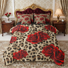 Leopard Print King Size Comforter Set, Red Rose 7-Piece Bed in a Bag, Brown Chee