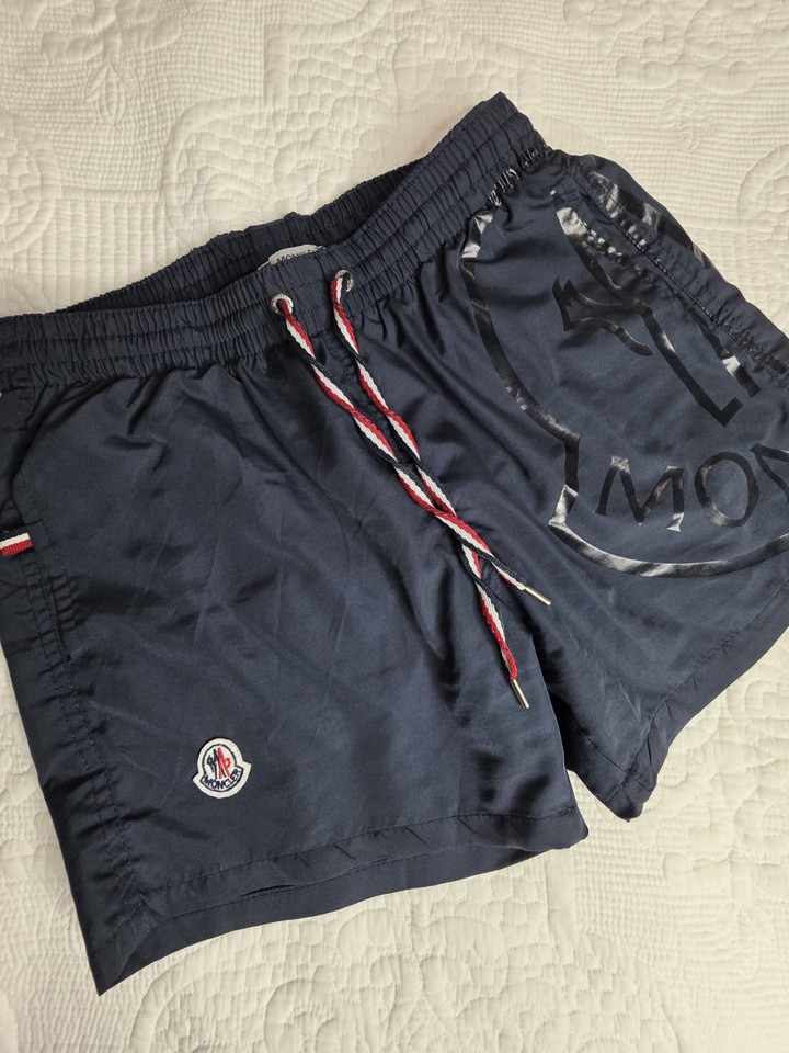 Moncler Men's Swim Shorts Navy Blue Big Side Logo Trunks Sz Small QR Verified
