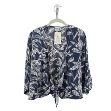 Cozy Co Blue White Over Shirt Womens Small Kimono Cardigan Leaf Print Tie Front