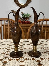 2002 Set of 2 Vintage Montaage India Marbleized Brass Pitchers Handled Vases