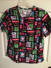 Christmas NWT Scrub In Size XSmall By Scrub star Happy Holidays, Noel W/Pocket