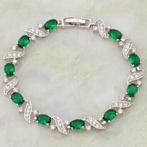 12Ct Lab-Created Oval Cut Emerald Women's Tennis Bracelet 14K White Gold Plated - Picture 1 of 5